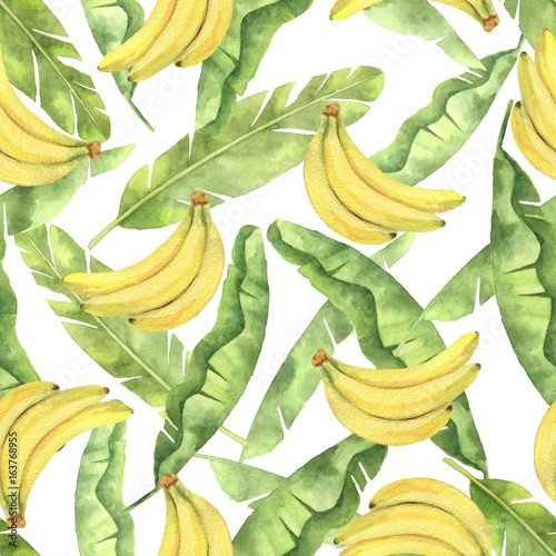 Stoffe zum Nähen Watercolor seamless pattern with tropical green leaves and yellow bananas isolated on white background.