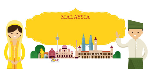 Wall Mural - Malaysia Landmarks and people in Traditional Clothing