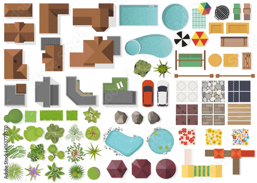 Set Landscape Elements Top ViewHouse Garden Tree Lakeswimming Set Landscape Elements Top ViewHouse Garden Tree Lakeswimming