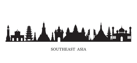 Wall Mural - Southeast Asia Landmarks Skyline in Black and White Silhouette