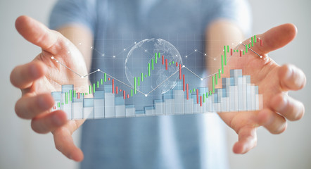 Aufkleber - Businessman using digital 3D rendered stock exchange stats and charts