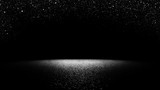 twinkling glitter falling on a flat surface lit by a bright spotlight (elegant black and white stage background)