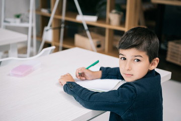 Wall Mural - Cute serious schoolboy writing in exercise book while sitting at desk and looking at camera