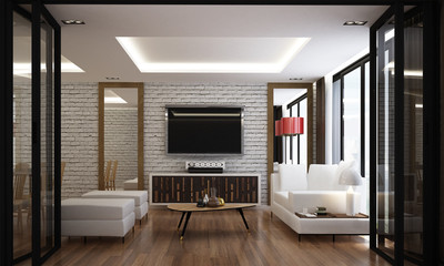 The interior 3d rendering design of modern luxury living room and lounge area and white brick wall 