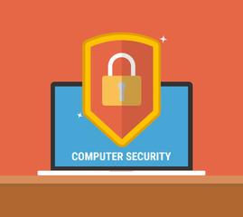 Poster - Computer security concept. Laptop with shield and lock on table. Flat vector illustration.