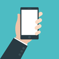 Poster - Mobile phone in hand. Hand holding smartphone. Flat design