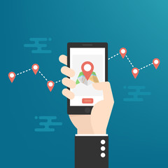Poster - Hand holding smartphone with mobile gps navigation on the screen. Flat design vector illustration