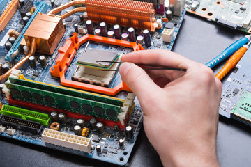 Poster - Computer processor chip disassembling close up