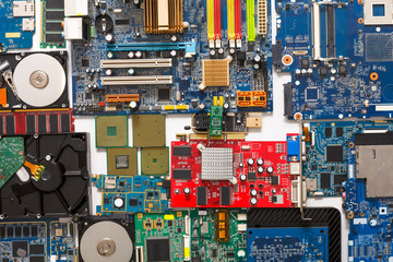 Poster - Computer microcircuits and hdd disassembled close up