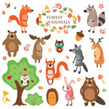 A set of cute animals on a white background isolated. Vector illustration.