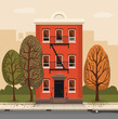 Illustration of a city landscape with townhouse and trees. Flat art style. Housing, real estate market, architecture design, property investment concept banner.