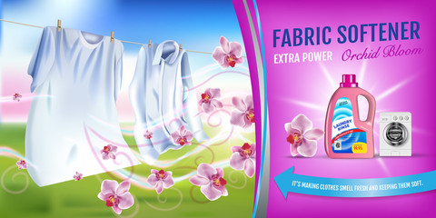 Wall Mural - Orchid fragrance fabric softener gel ads. Vector realistic Illustration with laundry clothes and softener rinse container. Horizontal banner