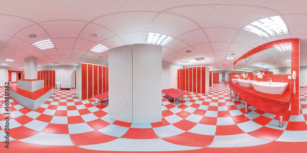 Equirectangular Projection Tile Interior of a gym locker room in red and white colors dressing place at ...