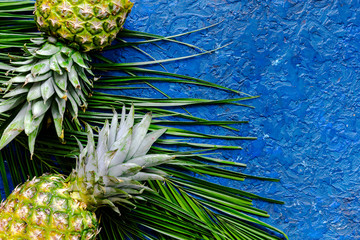  Pineapple and palm branch on blue table background top view copyspace