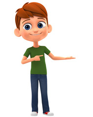 Wall Mural - Boy points a finger at the empty lodon. 3d render illustration.