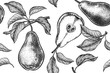 Seamless pattern. Realistic fruit, branch and pear tree leaf. Black and white vegetarian food. Vector illustration art. Vintage engraving. Hand drawing. Template with nature motifs for kitchen design.