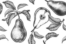 Seamless Pattern. Realistic Fruit, Branch And Pear Tree Leaf. Black And White Vegetarian Food. Vector Illustration Art. Vintage Engraving. Hand Drawing. Template With Nature Motifs For Kitchen Design.
