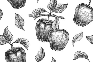 seamless pattern. realistic fruit, branch and apple tree leaf. black and white vegetarian food. vect