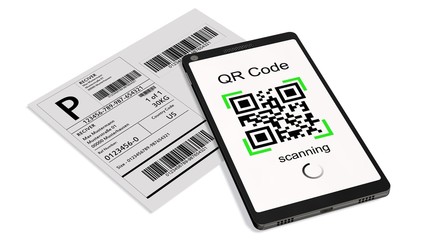 Wall Mural - QR Code scanning from a shipping stickers with modern touchscreen smartphone - isolated on white