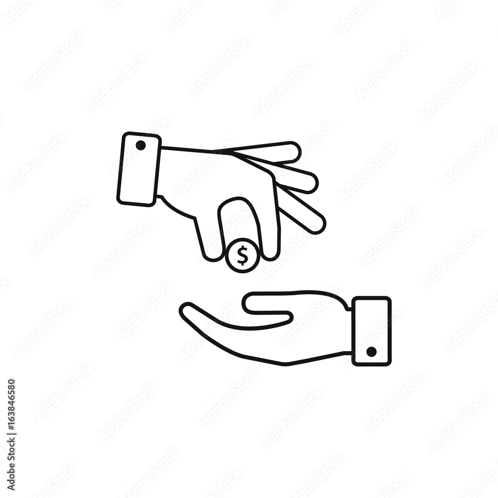Hand gives money coin to other person icon, give alms, donate web outline  icon. Vector illustration Stock Vector | Adobe Stock