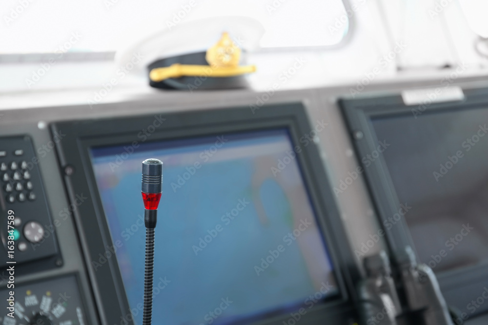 Microphone of ship control panel in captain's bridge