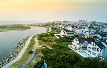 Wall Mural - Aerial view of the sunset over North Wildwood sea wall