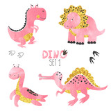 Fototapeta Dinusie - Cute little dinosaurs set in pink, golden and black colors. Vector collection for kids design.