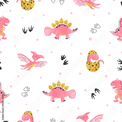 Seamless cute cartoon dinosaurs pattern. Vector dino background. Baby print.