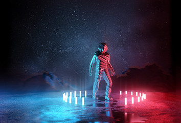 Wall Mural - almost human. strange futuristic spaceman illuminated by red and blue lights at night. 3d illustrati