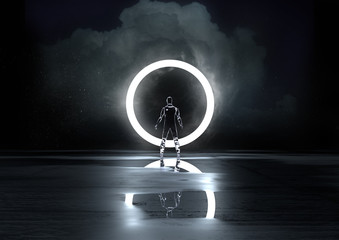 circle of light. a glass figure illuminated at night by a circle of light. 3d illustration