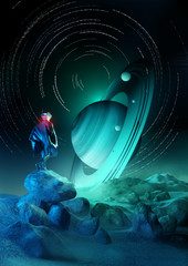Wall Mural - wonder exploration. a futuristic human exploring a strange planet system. 3d illustration.