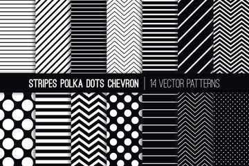 black and white stripes, chevron and polka dot vector patterns. modern minimal backgrounds. diagonal
