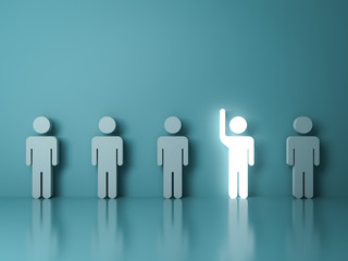 Fototapete - Stand out from the crowd and different concept , One glowing light man raising his hand among other people on light green background with reflections and shadows . 3D rendering.