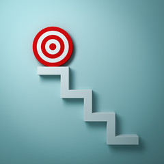 Poster - Steps or stairs with goal target or red dart board on top the business concept over light green wall background with shadow. 3D rendering.