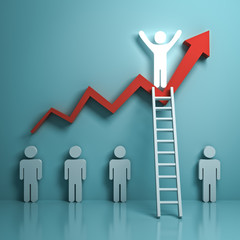Aufkleber - Stand out from the crowd and different concept , One glowing light man climbing ladder to standing on top of growth graph chart on light green background with reflections and shadows . 3D rendering.