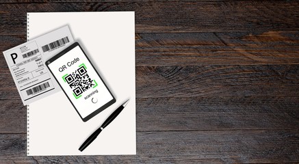 Wall Mural - QR Code scanning from a shipping stickers with modern touchscreen smartphone 