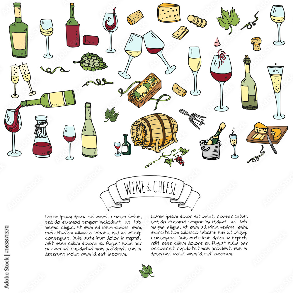 Hand drawn wine set icons Vector illustration Sketchy wine tasting ...