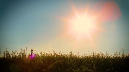 Wall Mural - Sunset nature background. Line of horizon of countryside meadow and blue evening bright sun with sunflare and rays. Footage filtered in vintage retro style.