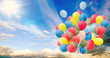 Happiness, summer, wedding, birthday, honeymoon party: Multicolor ballons, blue sky, clouds and sun :)