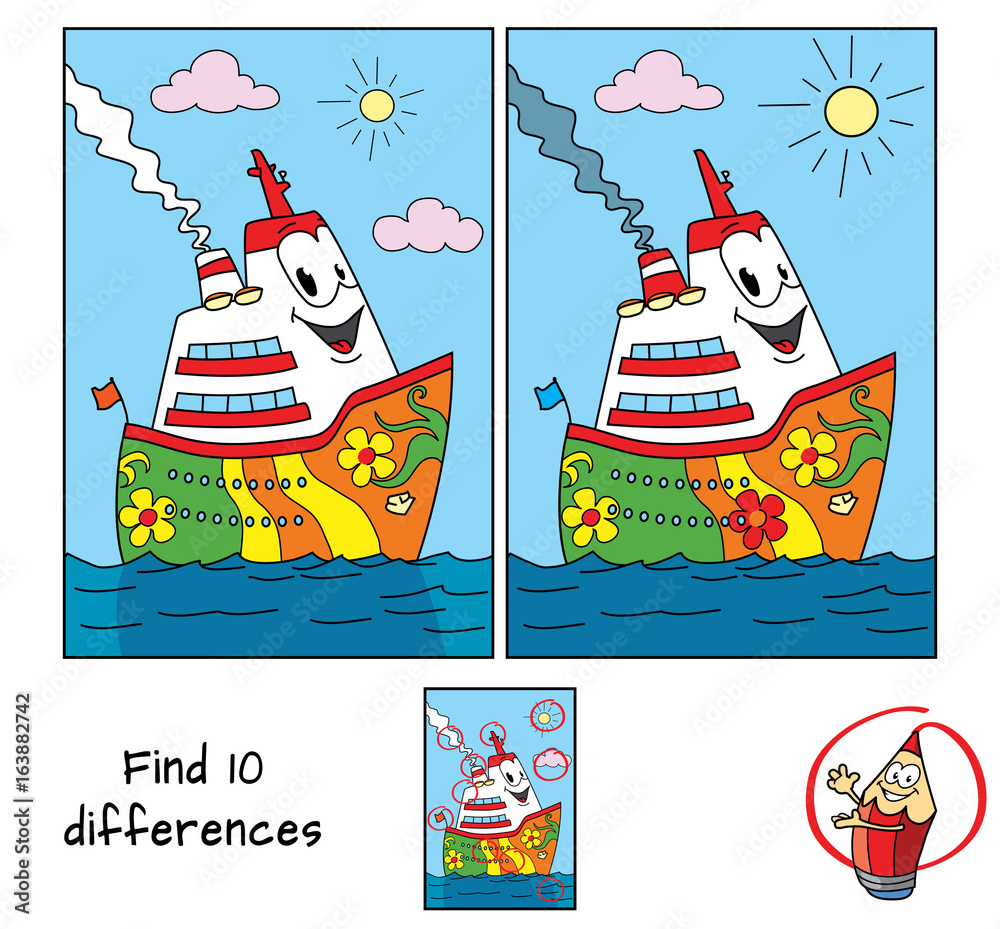 Funny cartoon ship. Find 10 differences. Educational game for children ...