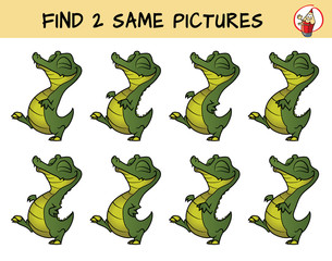 Little crocodile. Find two same pictures. Educational matching game for children. Cartoon vector illustration