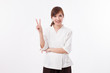 © 9nong - woman spa therapist pointing up 2 fingers, counting, numbering, victory hand sign