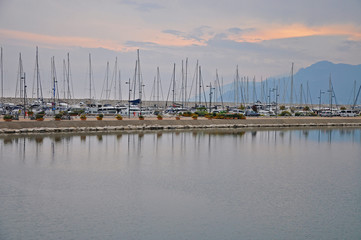 Wall Mural - Evening marina in Salerno with mountains in the background