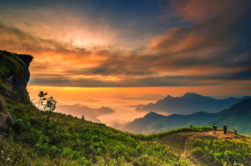 Background blur sea fog on the mountain with the sky and clouds of yellow, orange, Phu Chi Fa Thailand.