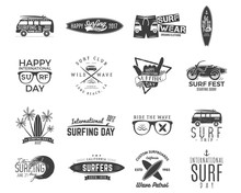 Vintage Surfing Graphics And Emblems Set For Web Design Or Print. Surfer, Beach Style Logo Design. Surf Badge. Surfboard Seal, Elements, Symbols. Summer Boarding On Waves. Hipster Insignias