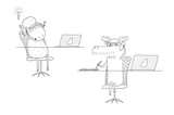 Fototapeta Psy - Hand drawn black and white vector illustration of a funny sheep and moose as office workers, talking on the phone.