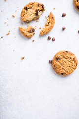 Wall Mural - Background with chocolate chip cookies. Copy space. Flat lay. Top view.