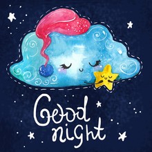 Cartoon Night Scene With Cute Cloud And Star