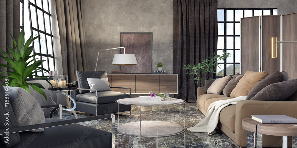 Living room, interior design 3D Rendering Stock Illustration | Adobe Stock