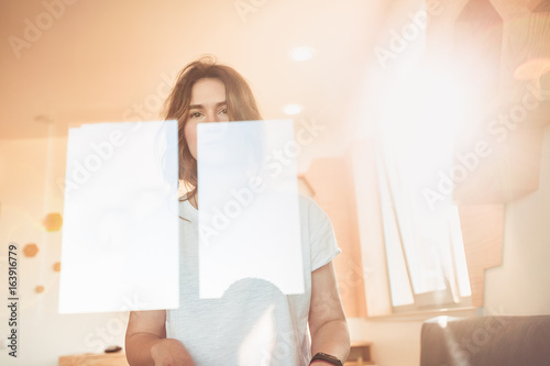 Girl Relaxing On A Bed Woman With Curly Hair Pretty Face White T